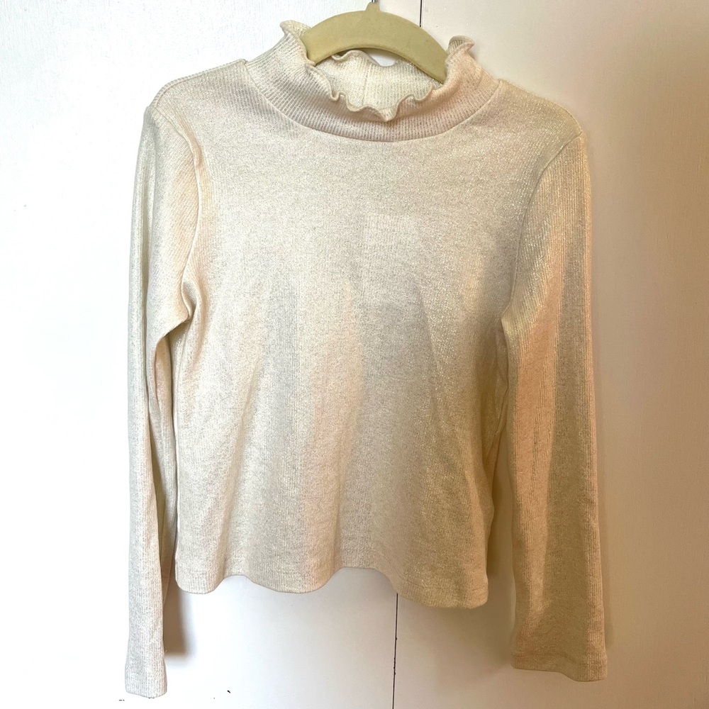 NEW WITH TAGS Crewcuts Girls Size XS (4/5) Cream Metallic Ruffle Neck Knit Shirt